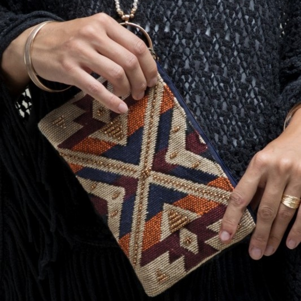 Handmade Hand Beaded Wristlet Clutch - Ethnic Tribal Inspired Design - Yarn Dyed